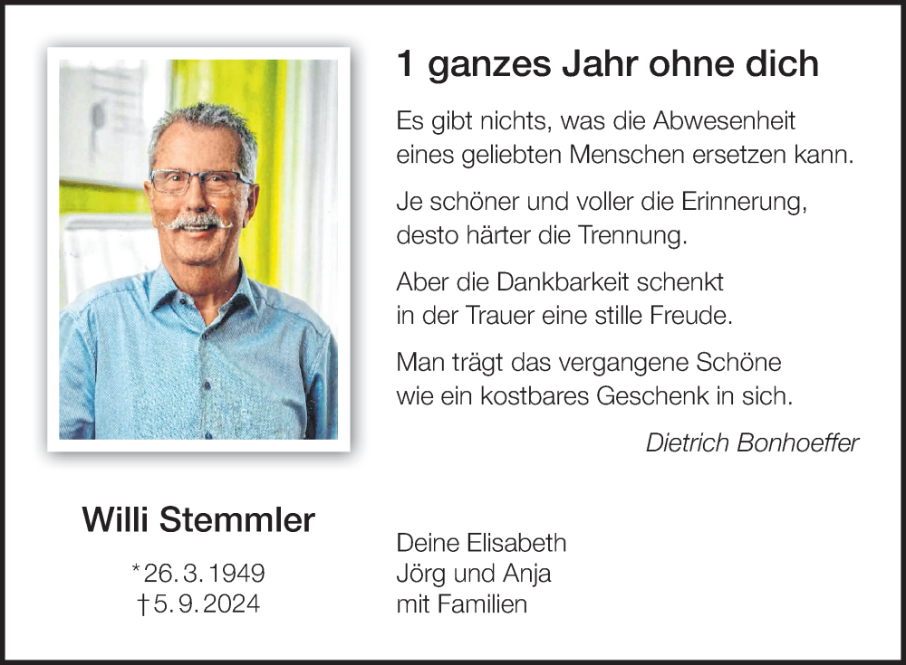  Traueranzeige für Willi Stemmler vom 06.09.2025 aus Fränkische Nachrichten