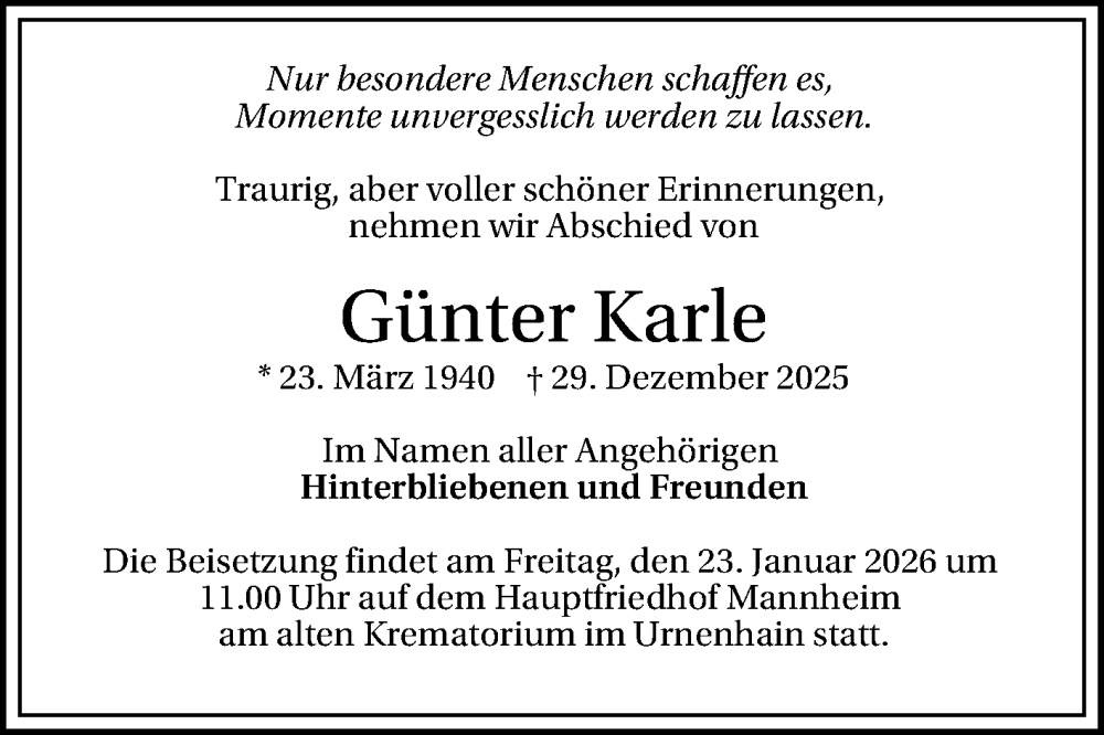  Traueranzeige für Günter Karle vom 17.01.2026 aus Mannheimer Morgen