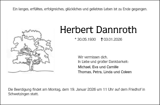 Traueranzeige von Herbert Dannroth von Schwetzinger Zeitung