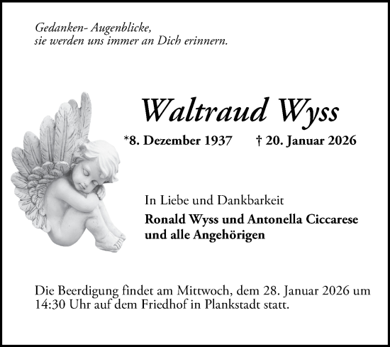Traueranzeige von Waltraud Wyss von Schwetzinger Zeitung