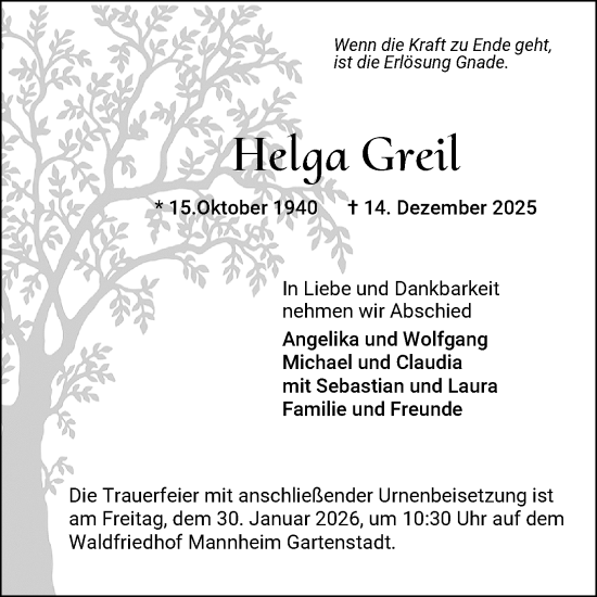Traueranzeige von Greil Helga von Mannheimer Morgen