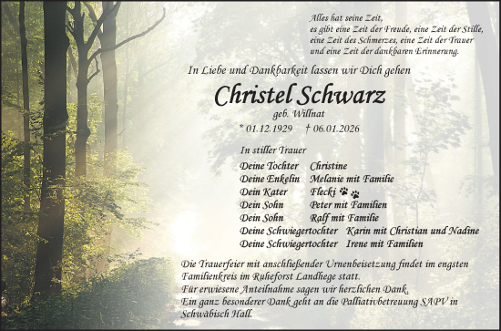 Traueranzeige von Christel Schwarz von Fränkische Nachrichten