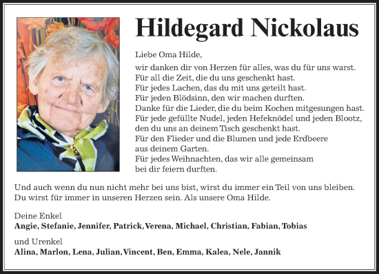 Traueranzeige von Hildegard Nickolaus von Fränkische Nachrichten