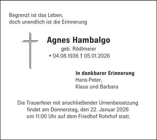 Traueranzeige von Agnes Hambalgo von Schwetzinger Zeitung