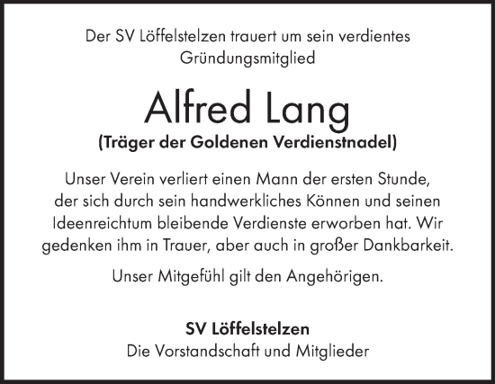 Traueranzeige von Alfred Lang von Fränkische Nachrichten