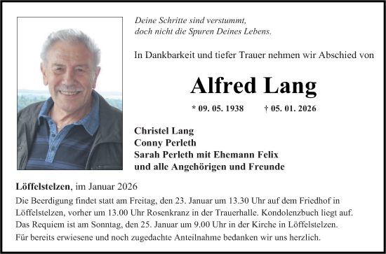 Traueranzeige von Alfred Lang von Fränkische Nachrichten