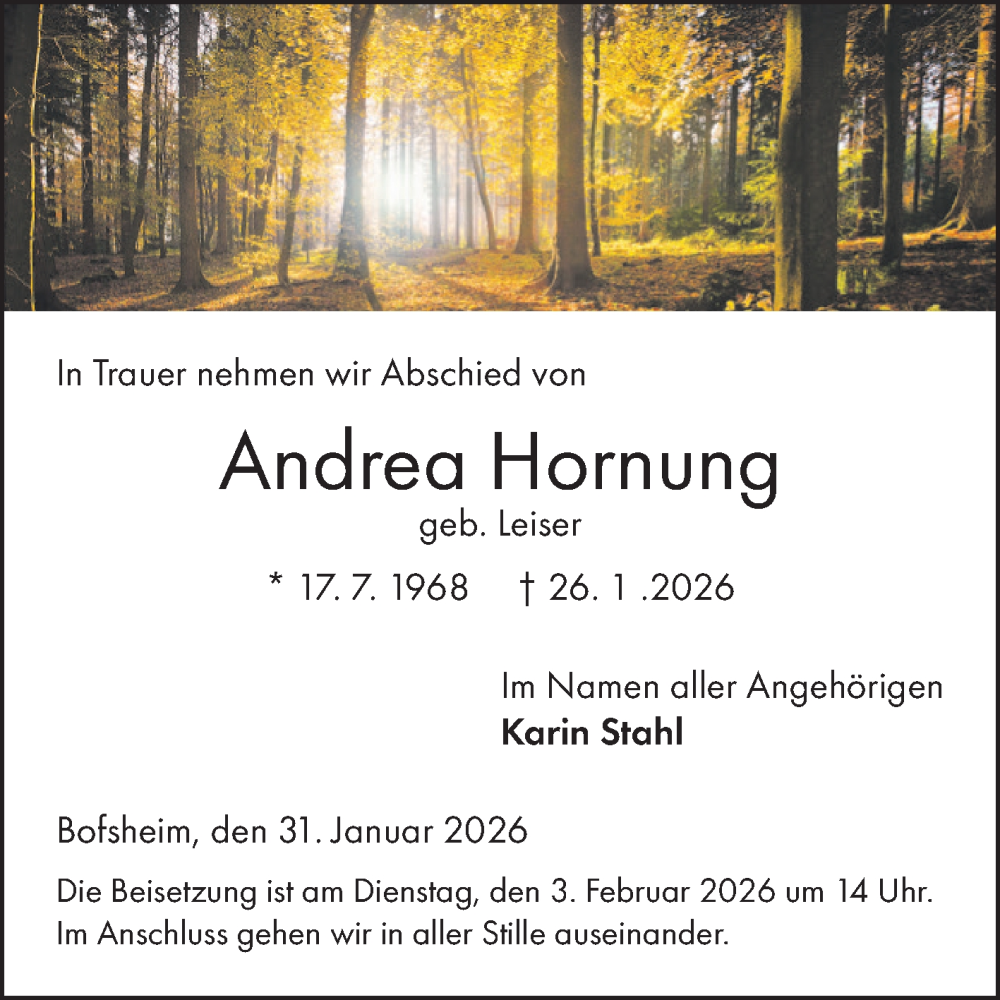  Traueranzeige für Andrea Hornung vom 31.01.2026 aus Fränkische Nachrichten
