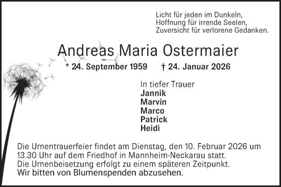 Traueranzeige von Andreas Maria Ostermaier von Mannheimer Morgen