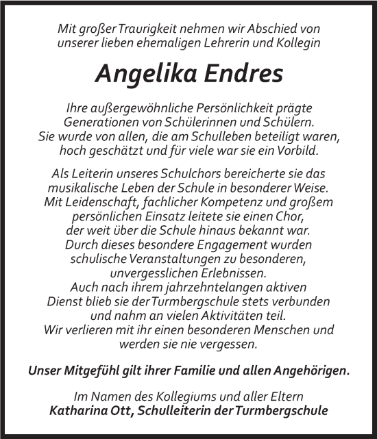 Traueranzeige von Angelika Endres von Fränkische Nachrichten