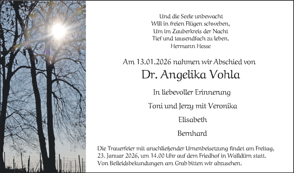  Traueranzeige für Angelika Vohla vom 20.01.2026 aus Fränkische Nachrichten