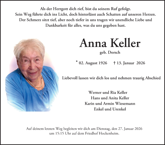 Traueranzeige von Anna Keller von Schwetzinger Zeitung