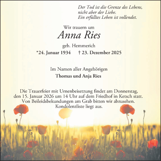 Traueranzeige von Anna Ries von Schwetzinger Zeitung