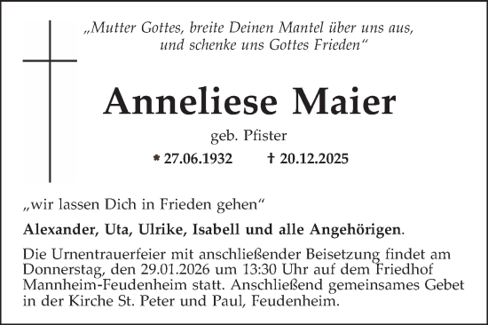 Traueranzeige von Anneliese Maier von Mannheimer Morgen