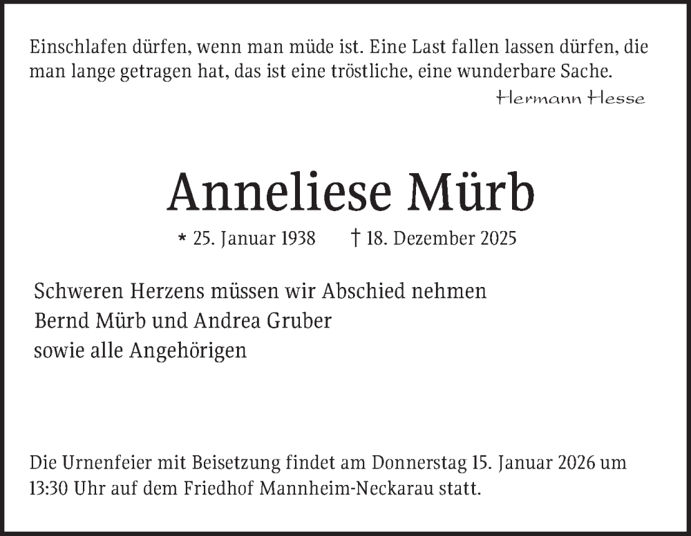  Traueranzeige für Anneliese Mürb vom 10.01.2026 aus Mannheimer Morgen