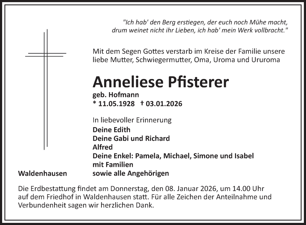  Traueranzeige für Anneliese Pfisterer vom 07.01.2026 aus Fränkische Nachrichten
