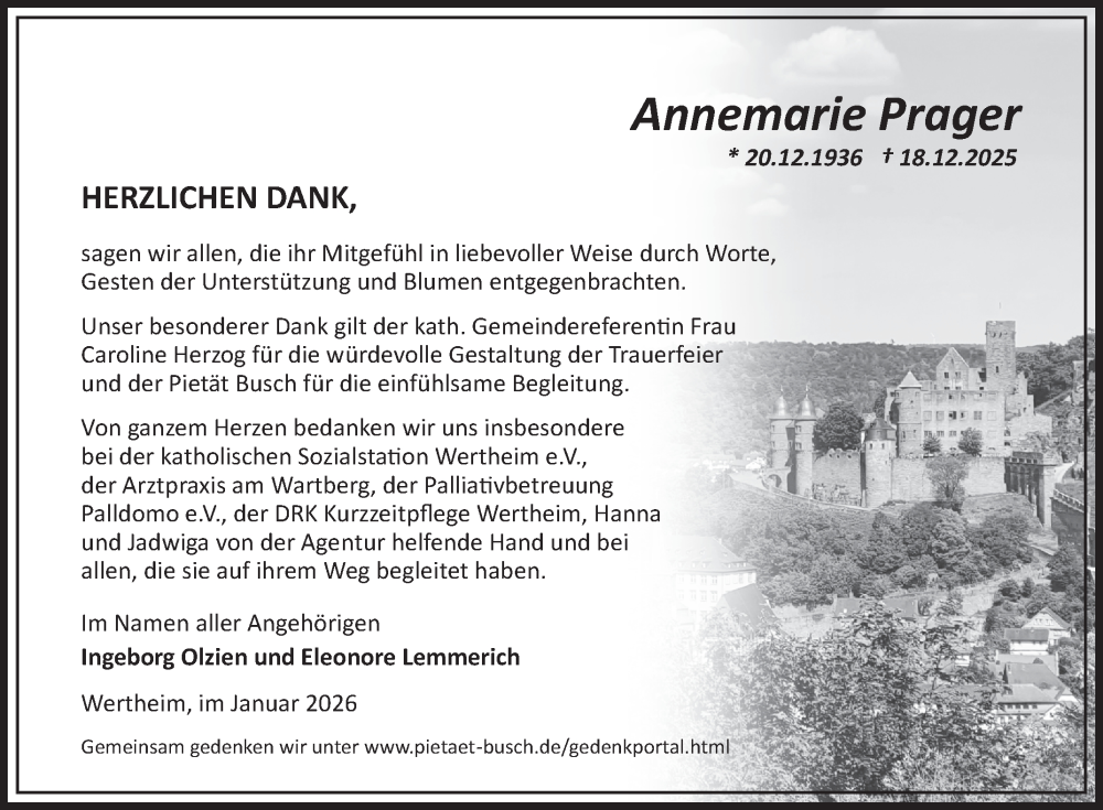  Traueranzeige für Annemarie Prager vom 24.01.2026 aus Fränkische Nachrichten
