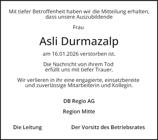 Traueranzeige von Asli Durmazalp von Mannheimer Morgen