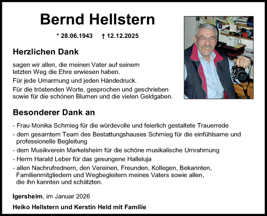 Traueranzeige von Bernd Hellstern von Fränkische Nachrichten