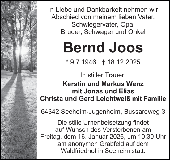 Traueranzeige von Bernd Joos von Bergsträßer Anzeiger