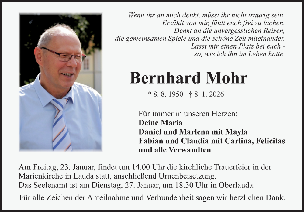  Traueranzeige für Bernhard Mohr vom 17.01.2026 aus Fränkische Nachrichten