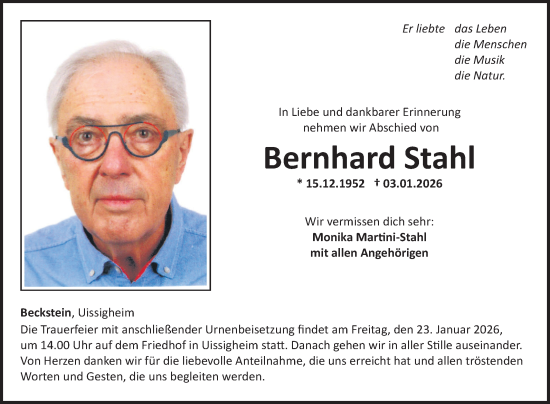 Traueranzeige von Bernhard Stahl von Fränkische Nachrichten