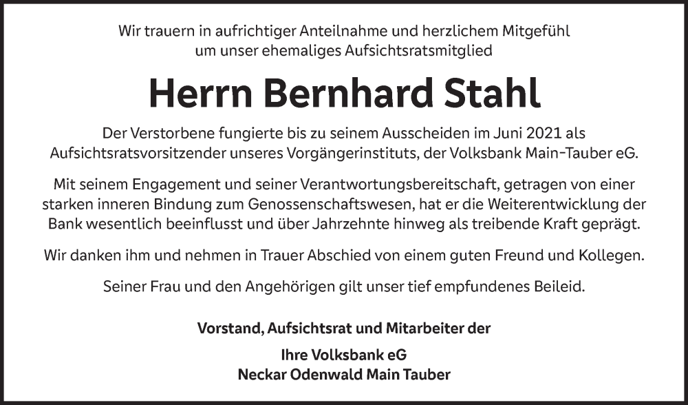  Traueranzeige für Bernhard Stahl vom 17.01.2026 aus Fränkische Nachrichten