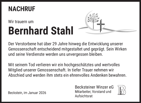 Traueranzeige von Bernhard Stahl von Fränkische Nachrichten