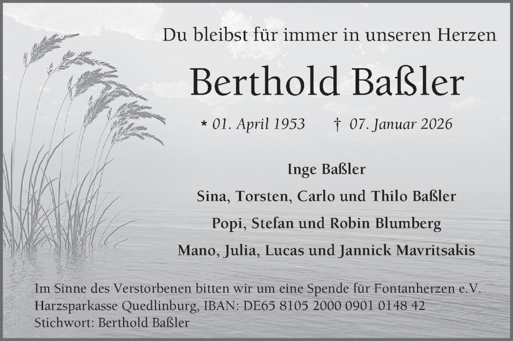  Traueranzeige für Berthold Baßler vom 24.01.2026 aus Mannheimer Morgen