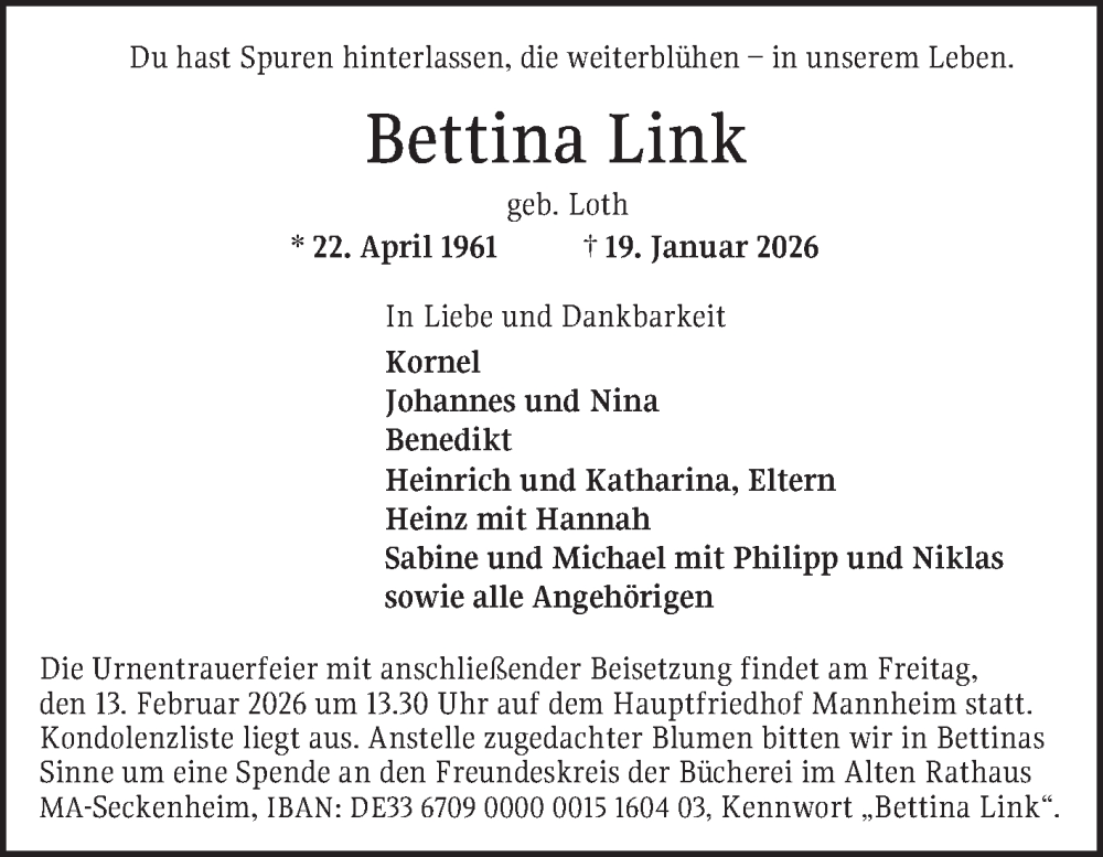  Traueranzeige für Bettina Link vom 31.01.2026 aus Mannheimer Morgen