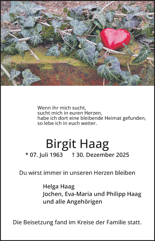  Traueranzeige für Birgit Haag vom 17.01.2026 aus Mannheimer Morgen