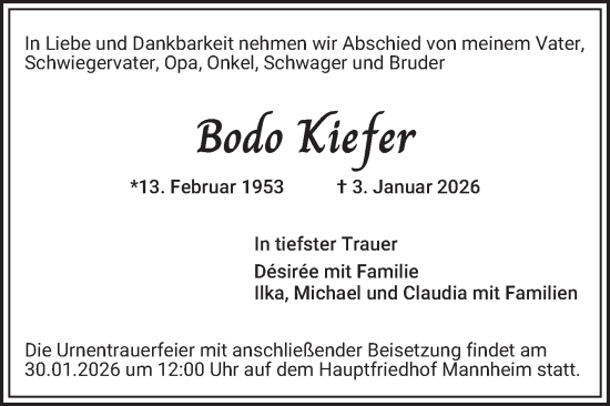 Traueranzeige von Bodo Kiefer von Mannheimer Morgen