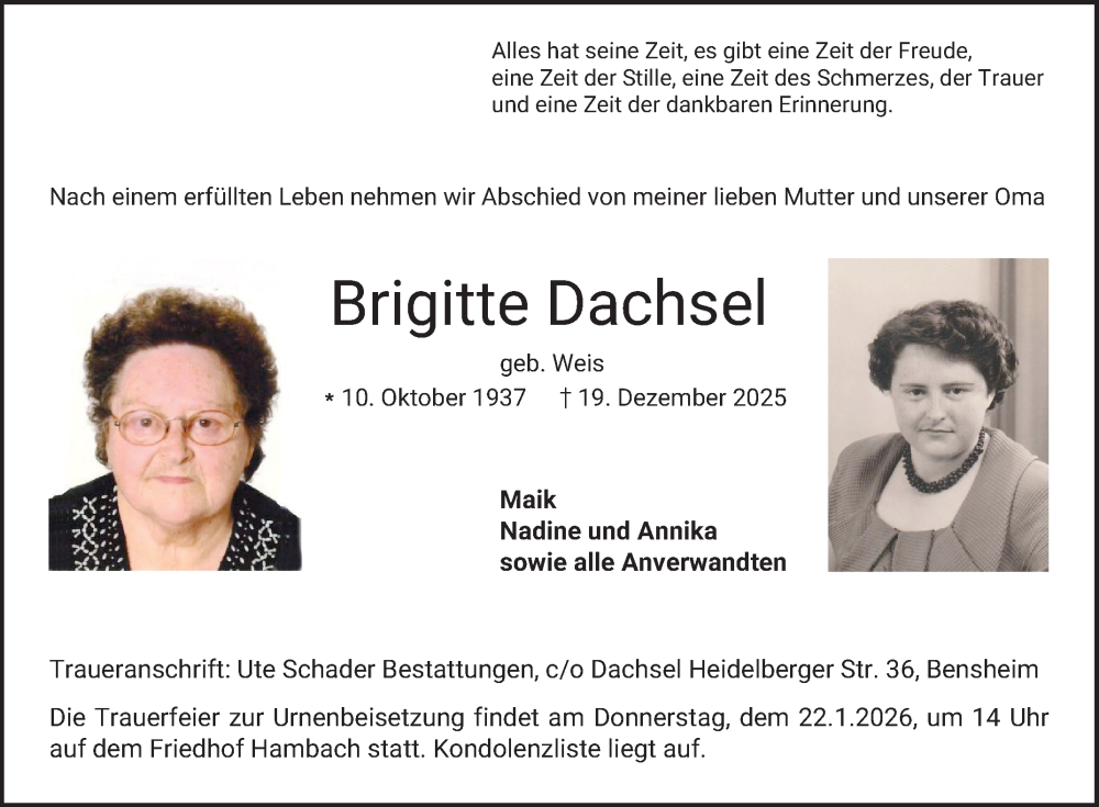  Traueranzeige für Brigitte Dachsel vom 17.01.2026 aus Bergsträßer Anzeiger