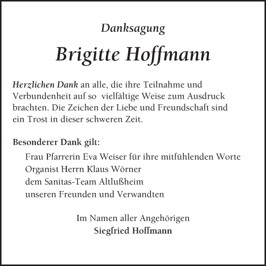 Traueranzeige von Brigitte Hoffmann von Schwetzinger Zeitung
