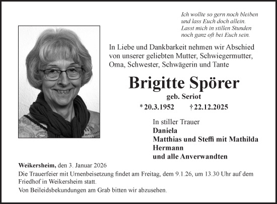 Traueranzeige von Brigitte Spörer von Fränkische Nachrichten