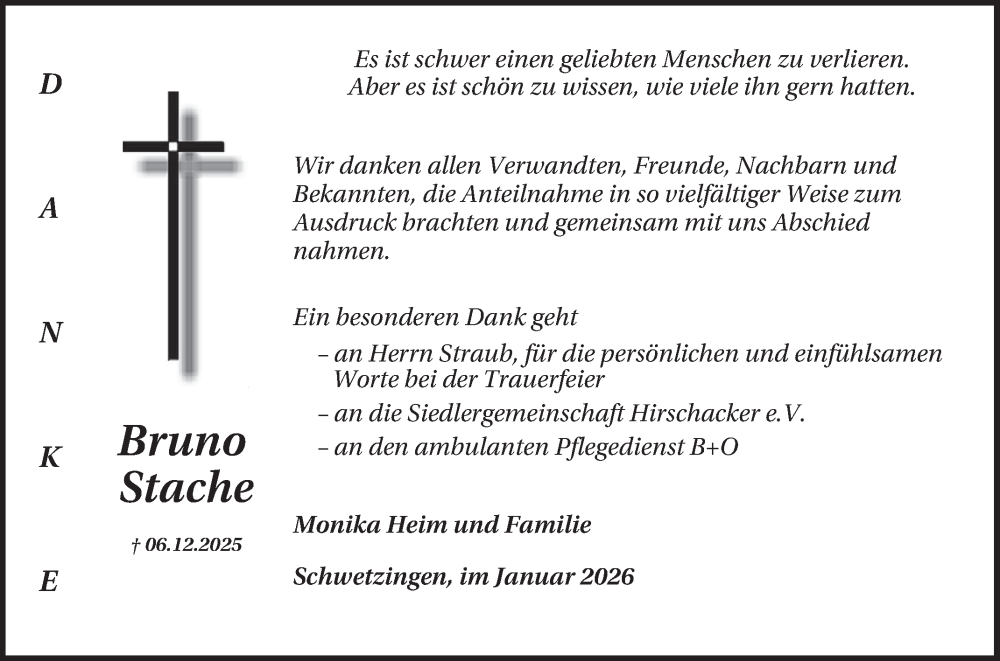 Traueranzeige für Bruno Stache vom 03.01.2026 aus Schwetzinger Zeitung