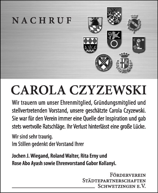 Traueranzeige von Carola Czyzewski von Schwetzinger Zeitung