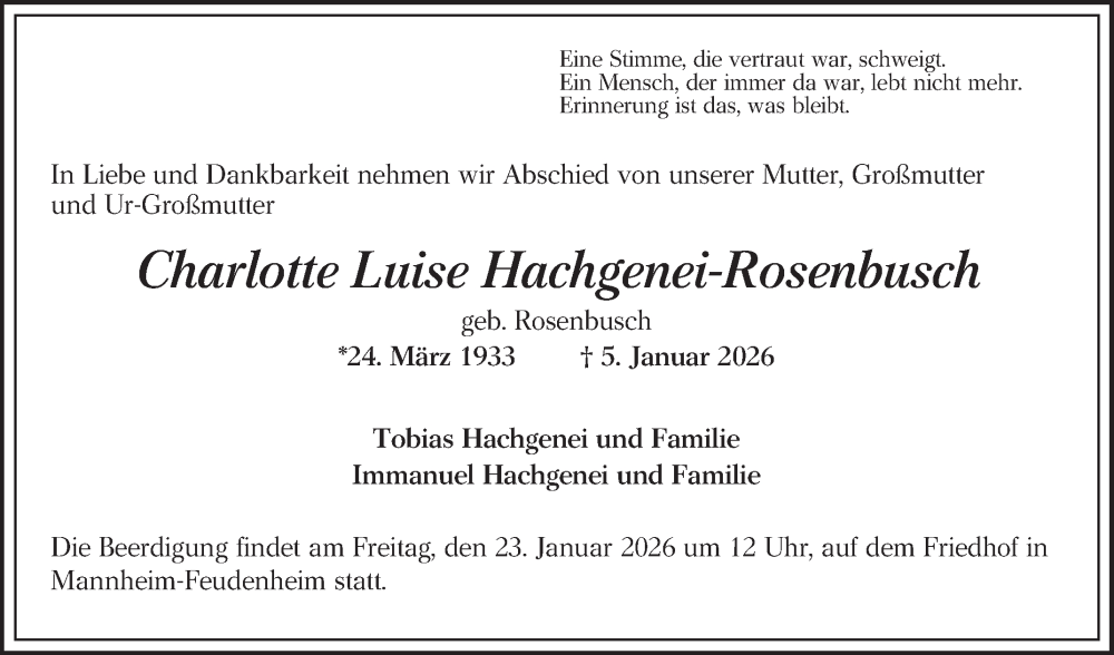  Traueranzeige für Charlotte Luise Hachgenei-Rosenbusch vom 17.01.2026 aus Mannheimer Morgen