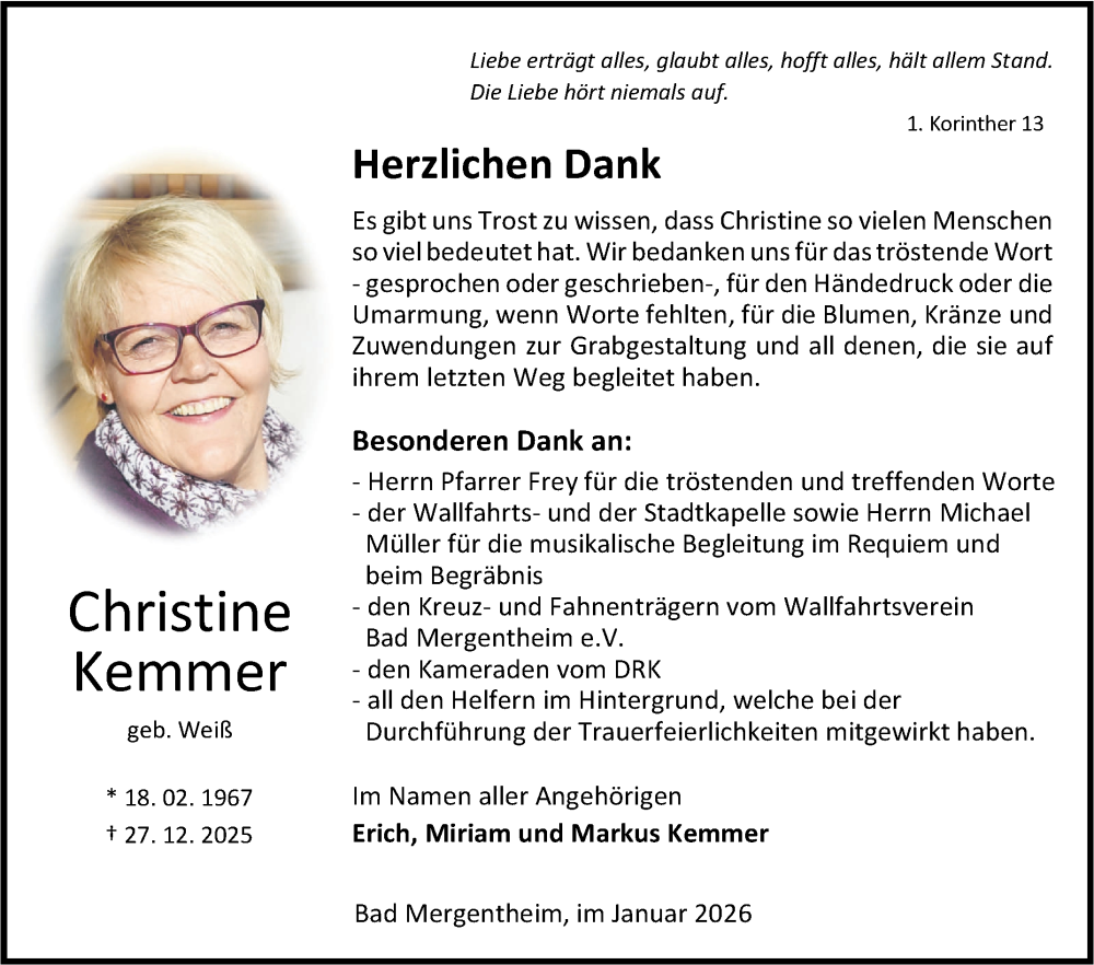  Traueranzeige für Christine Kemmer vom 23.01.2026 aus Fränkische Nachrichten
