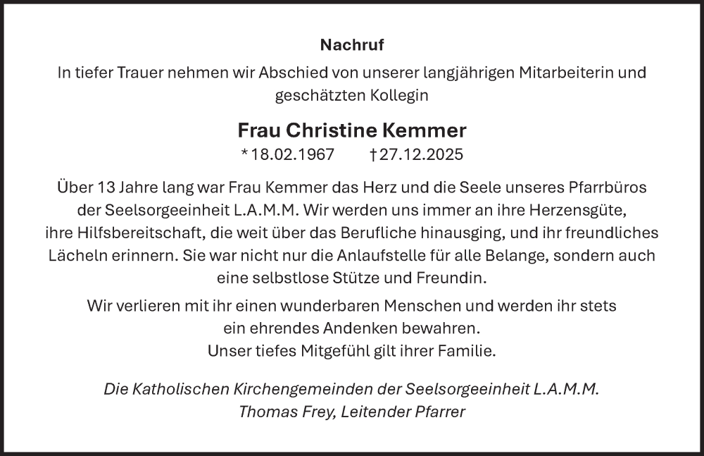  Traueranzeige für Christine Kemmer vom 07.01.2026 aus Fränkische Nachrichten