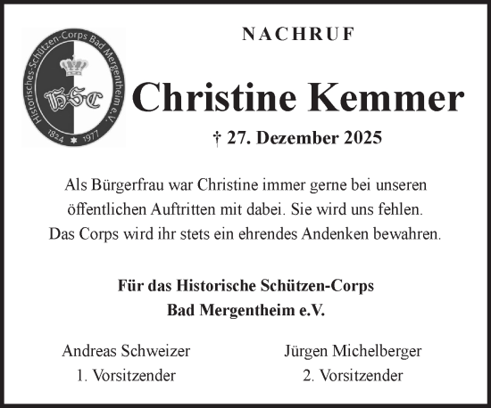 Traueranzeige von Christine Kemmer von Fränkische Nachrichten