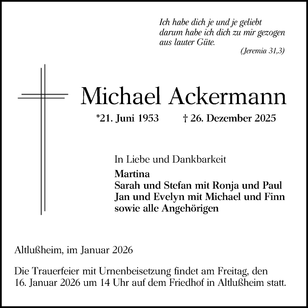  Traueranzeige für Michael Ackermann vom 10.01.2026 aus Schwetzinger Zeitung