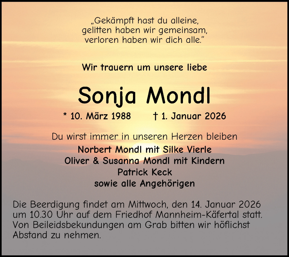  Traueranzeige für Sonja Mondl vom 10.01.2026 aus Mannheimer Morgen