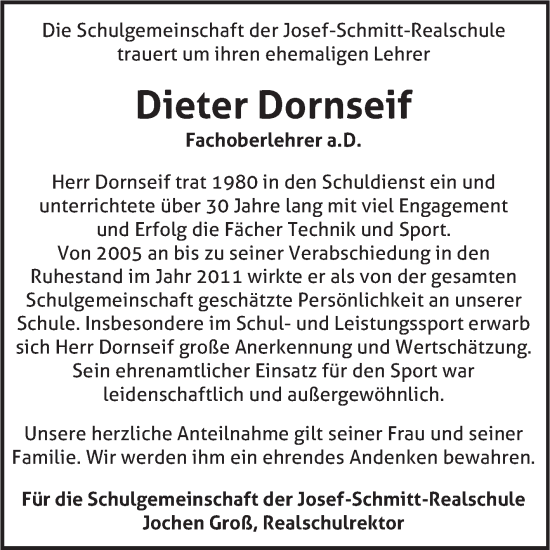 Traueranzeige von Dieter Dornseif von Fränkische Nachrichten