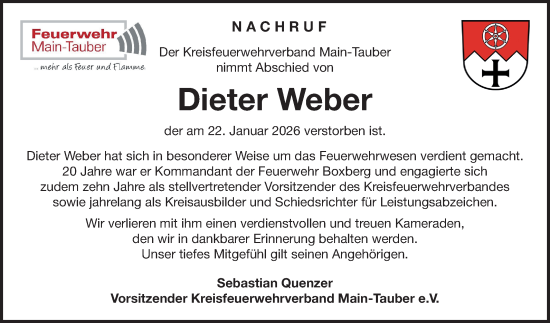 Traueranzeige von Dieter Weber von Fränkische Nachrichten