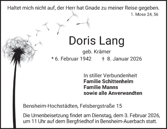 Traueranzeige von Doris Lang von Bergsträßer Anzeiger