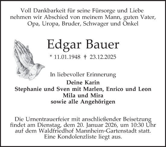 Traueranzeige von Edgar Bauer von Mannheimer Morgen