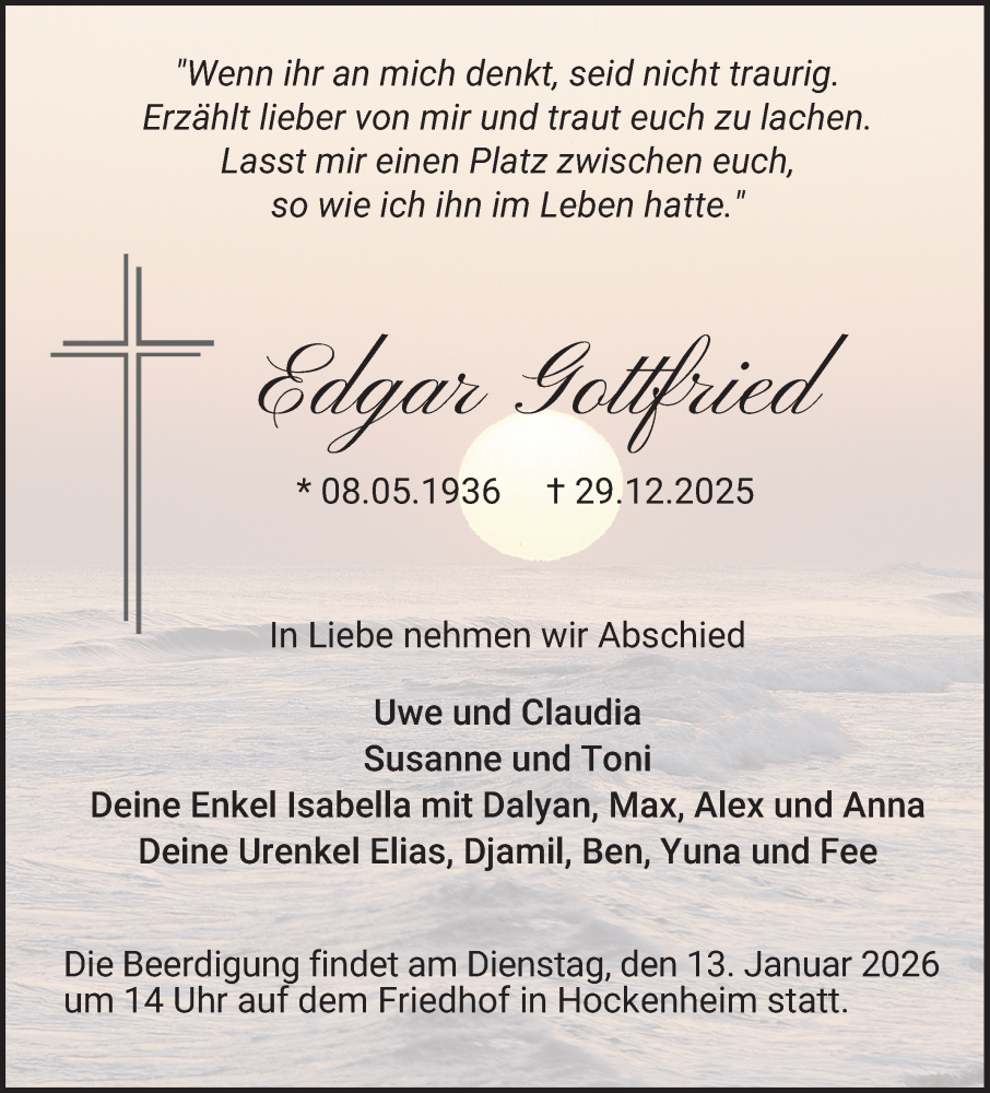  Traueranzeige für Edgar Gottfried vom 10.01.2026 aus Schwetzinger Zeitung
