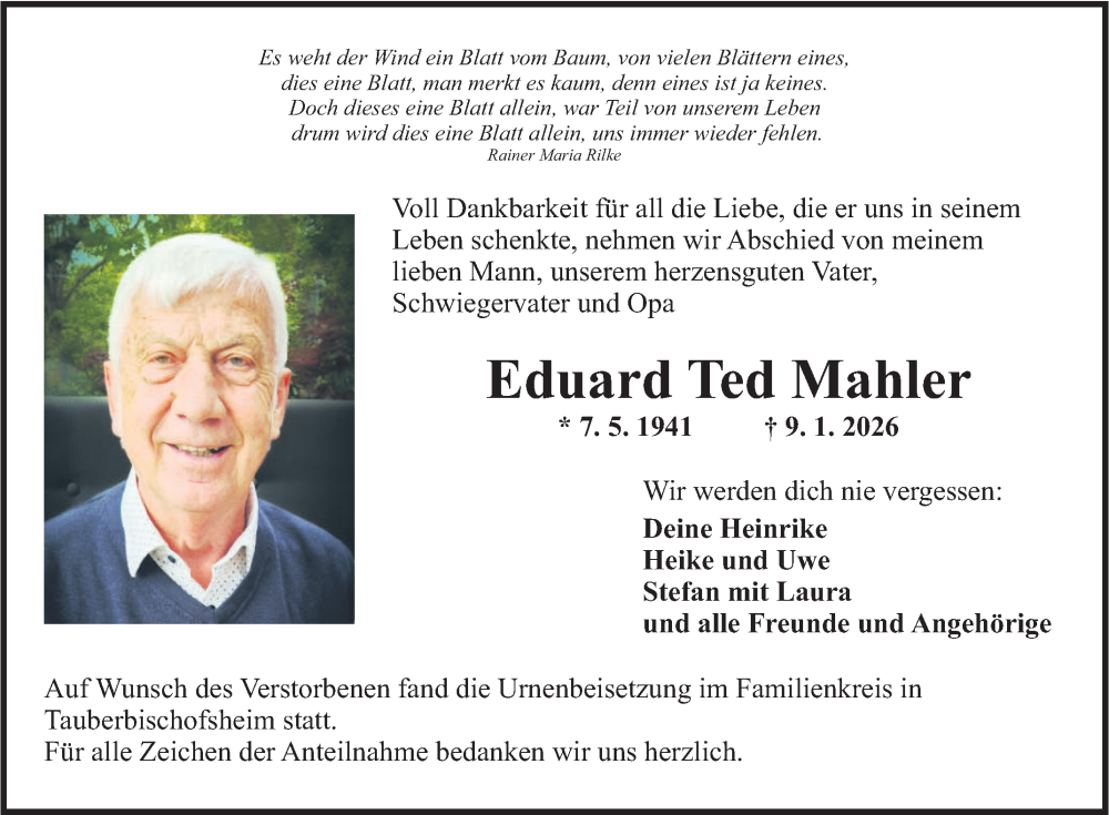  Traueranzeige für Eduard Ted Mahler vom 24.01.2026 aus Fränkische Nachrichten