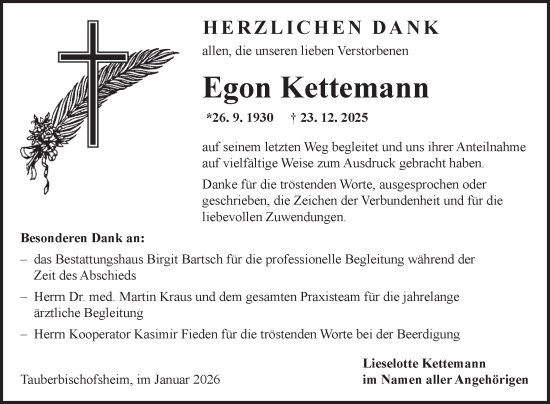 Traueranzeige von Egon Kettemann von Fränkische Nachrichten