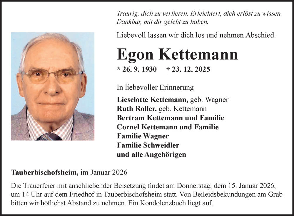  Traueranzeige für Egon Kettemann vom 13.01.2026 aus Fränkische Nachrichten